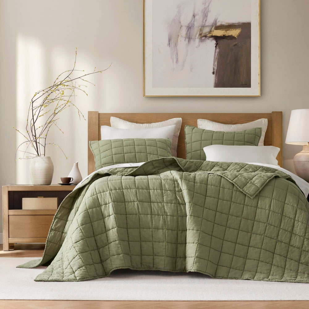 3-Piece King/Cal King Linen Garment Washed Quilt Set,Olive Green Media 7