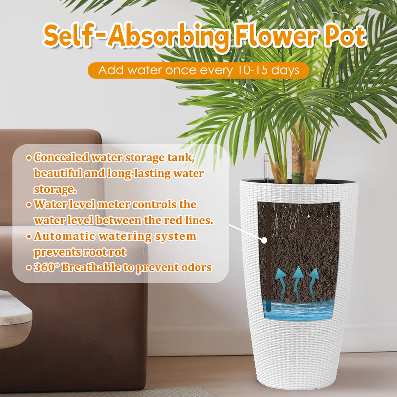 Faux Rattan Tall Planters Set with Water Level Monitor and Automatic Watering, White, Polypropylene, 22 Inch