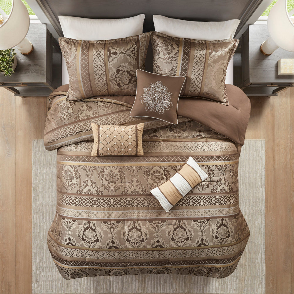 7 Piece Jacquard Comforter Set Brown/Gold Queen Media 5