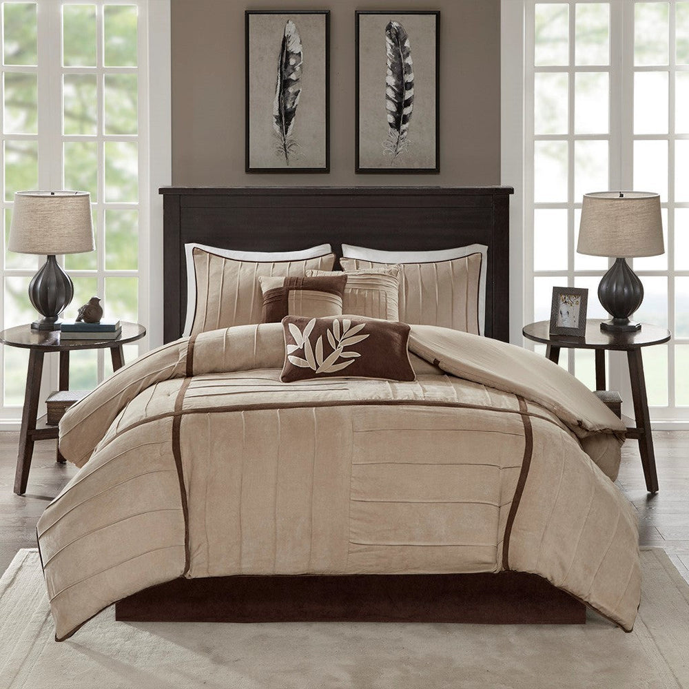 7 Piece Faux Suede Comforter Set Beige Full Media 8