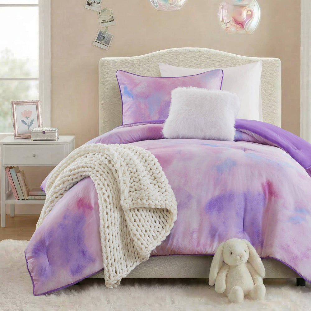 3 Pieces Twin/Twin XL Watercolor Tie Dye Printed Comforter Set with Throw Pillow,Purple Media 9