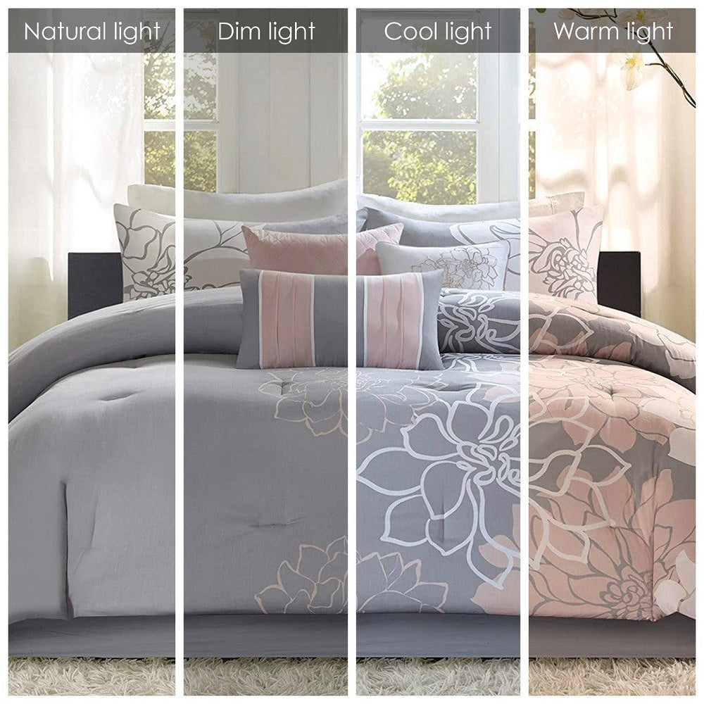 Printed Cotton Sateen Comforter Set Grey/Peach Cal King Media 4