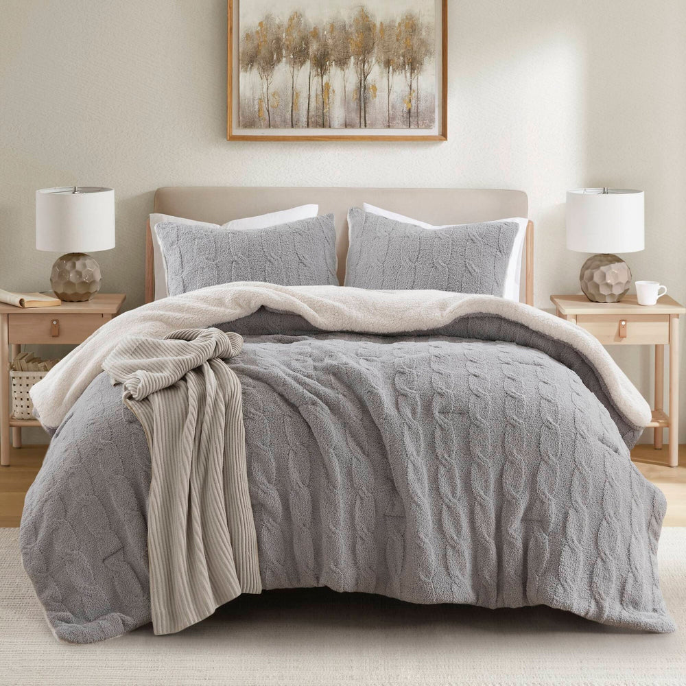 3 Pieces King/Cal King Cable Knit Chenille Comforter Set,Gray Media 17