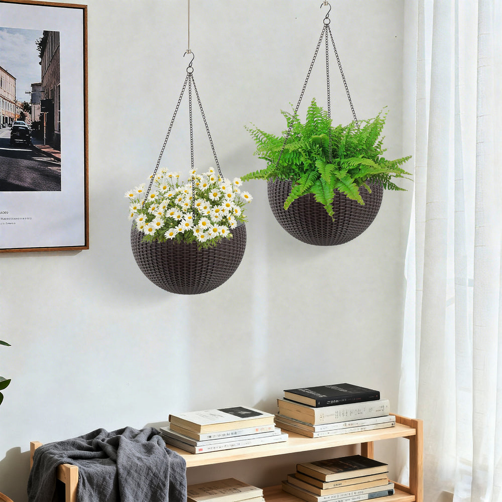 13.4 inch Self-Watering Hanging Rattan-Inspired Planter Large Capacity, Root-Rot Resistant Water Storage with Water Level Indicator, Dual-Use for Indoor & Balcony Decoration (Pack of 2, Brown) Media 13