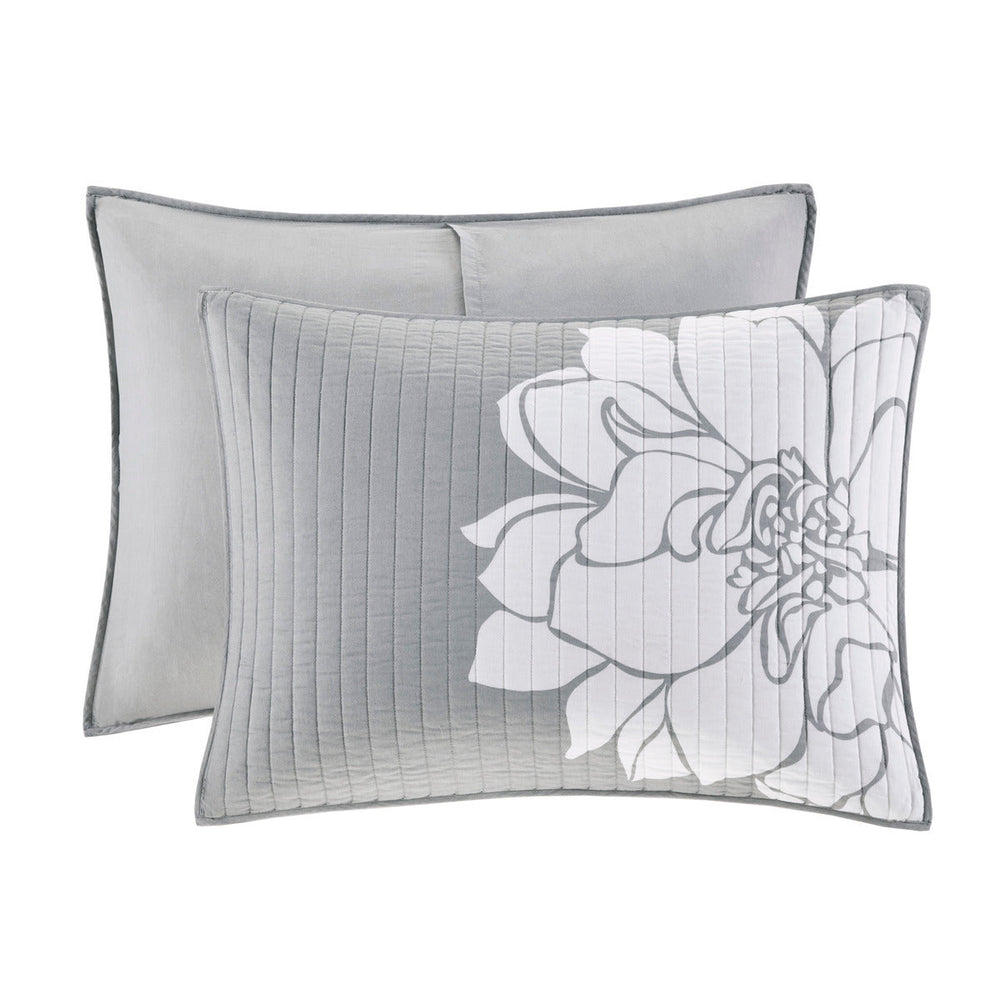 6 Piece Printed Cotton Quilt Set with Throw Pillows Grey/Peach Full/Queen Media 9