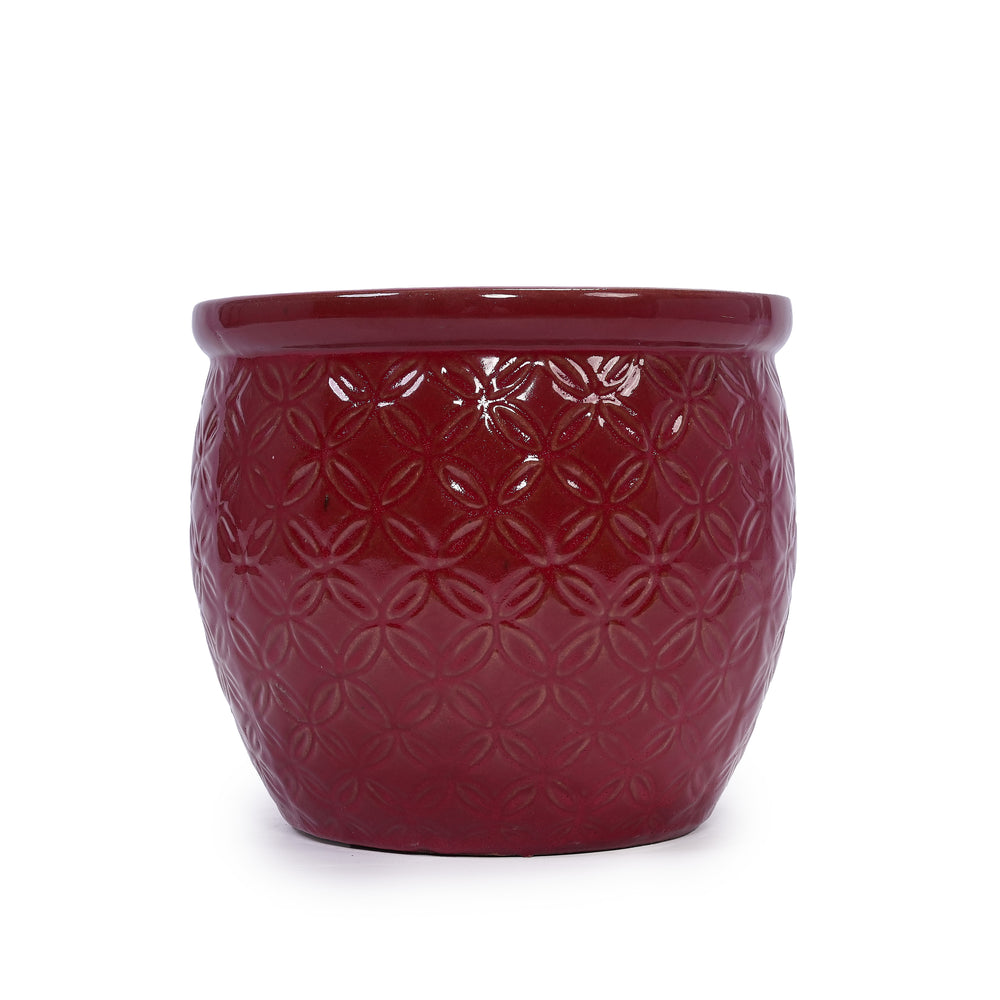 Handmade Ceramic Flower Pot Set of 3, 15/12/10 Inch Diameter, Deep Red with Floral Embossed Pattern, for Orchids Indoor/Outdoor Use on Windowsill & Bookshelf, Breathable Clay Media 20