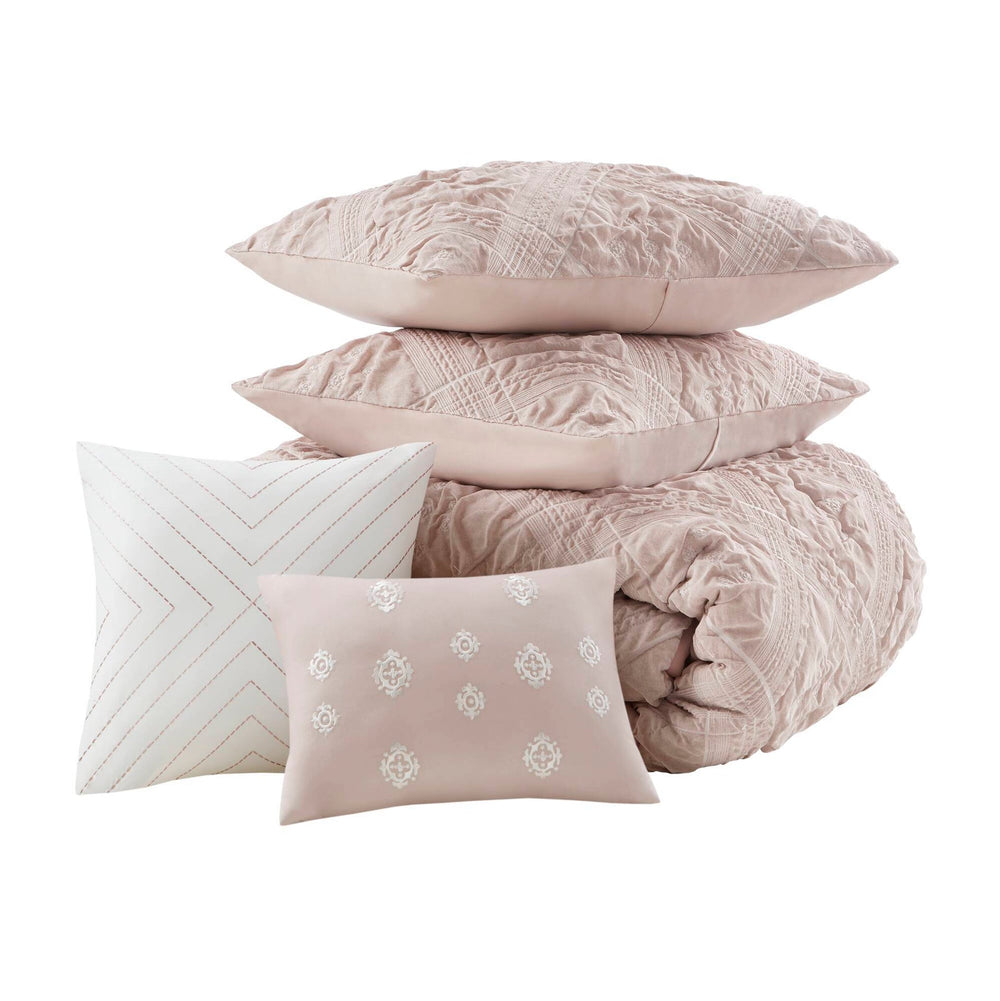 5-Piece King 5 Piece Sculpted jacquard comforter set,Pink Media 16