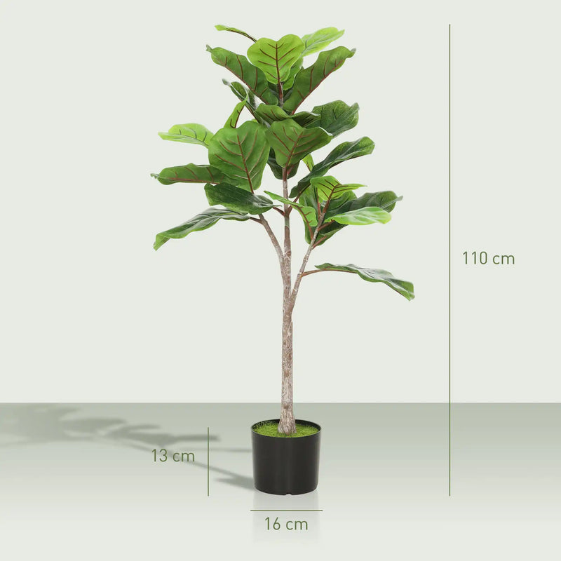 HOMCOM Fake Plant, Artificial Fiddle Leaf Fig Tree, Potted Plant with 28 PEVA Leaves and Flocked Soil, Green