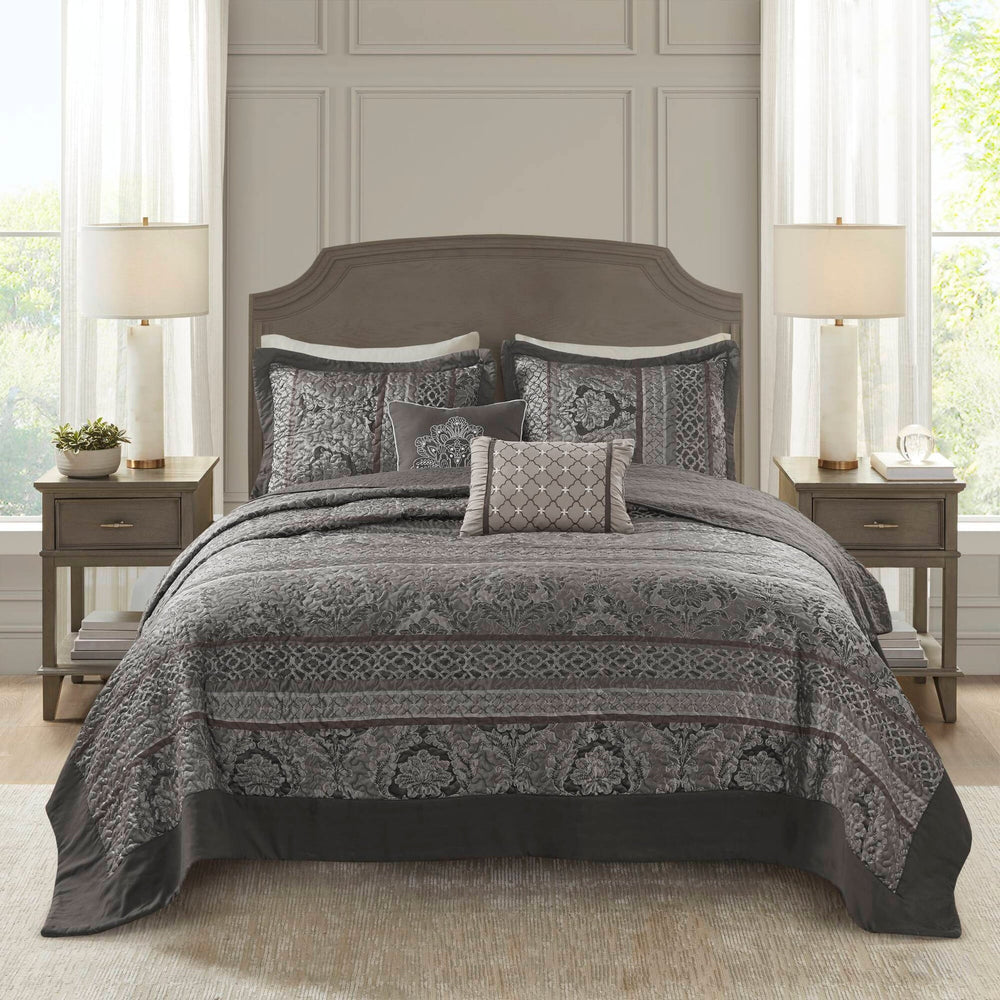 5-Piece King 5 Piece Reversible Jacquard Bedspread Set,Grey Media 1
