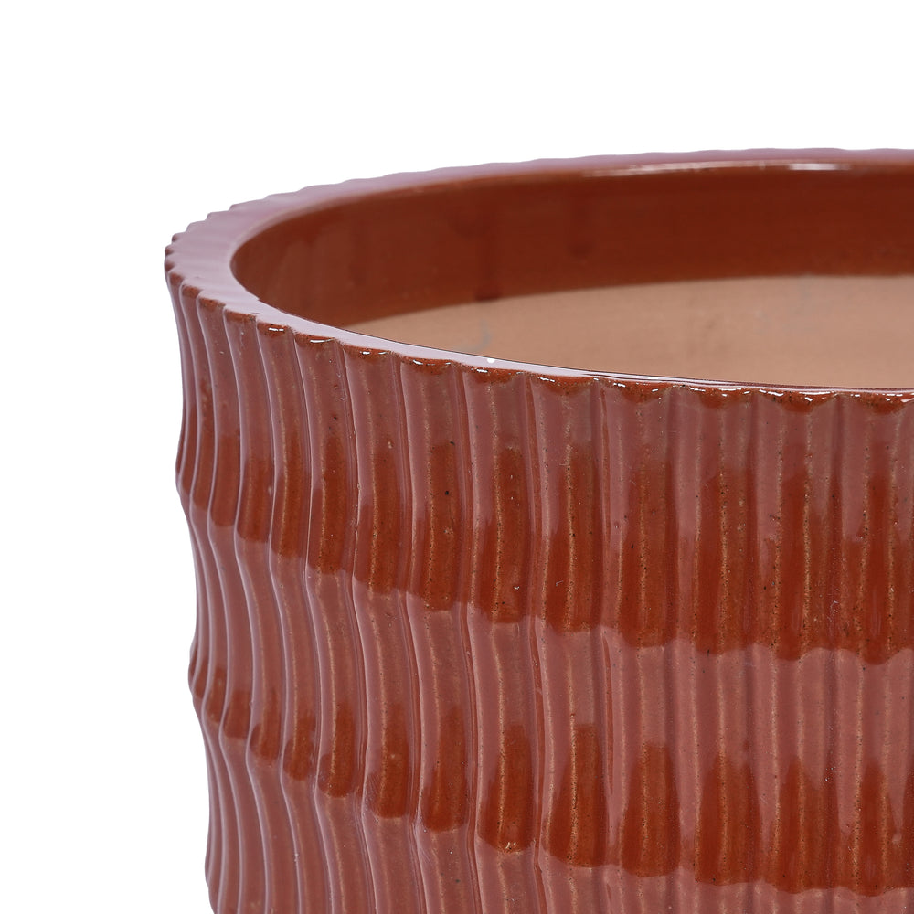 Handmade Brick Red Glaze Ceramic Planter Set of 4, 7/9/12/14 Inch, Horizontal Grooves, Indoor & Outdoor Herb Succulent Pots, Breathable Clay with Drainage Holes Media 14