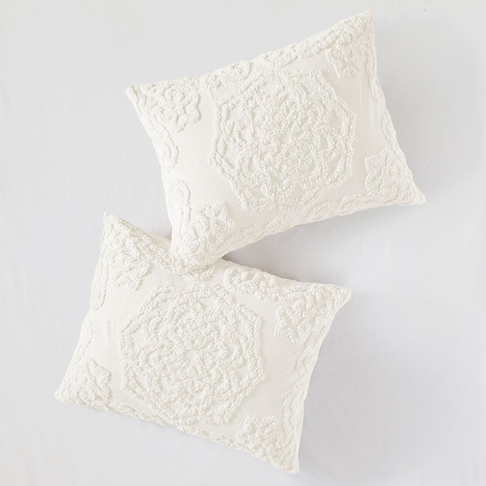 Tufted Cotton Chenille Medallion Fringe Coverlet Mini Set Off-White King/Cal King Media 5