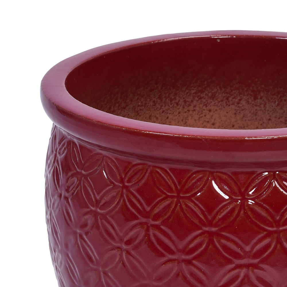 Handmade Ceramic Flower Pot Set of 3, 15/12/10 Inch Diameter, Deep Red with Floral Embossed Pattern, for Orchids Indoor/Outdoor Use on Windowsill & Bookshelf, Breathable Clay Media 18