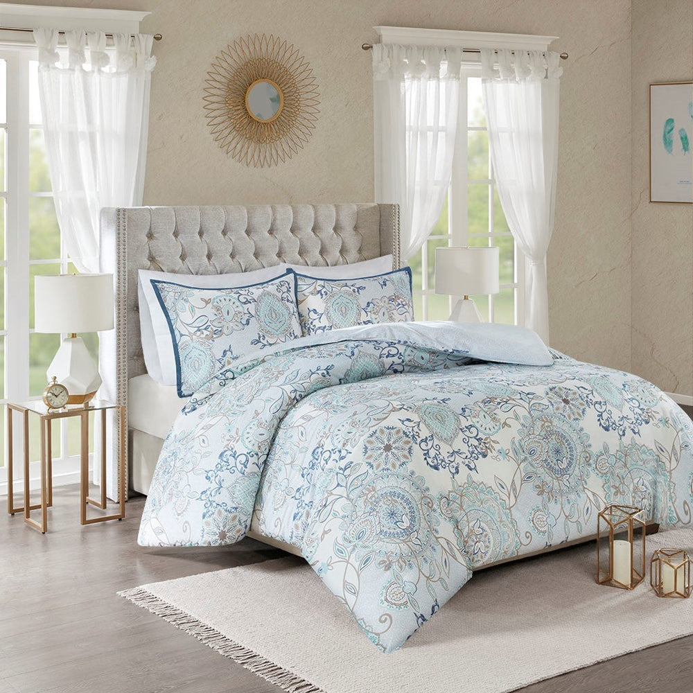 King/Cal King 3 Piece Cotton Floral Printed Reversible Duvet Cover Set Media 1
