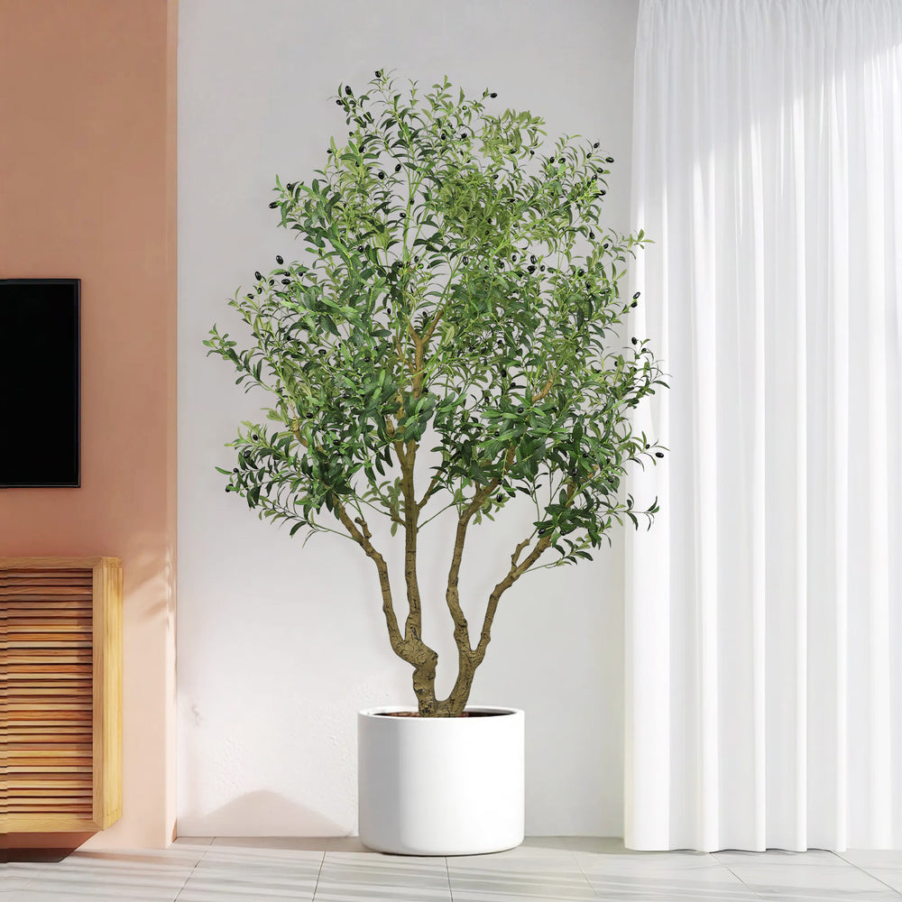 8FT Tall Artificial Olive Tree - Large Faux Potted Tree with Natural Trunk and Lifelike Olive Leaves and Fruit, Elegant Indoor/Outdoor Decorative Plant for Living Room, Office or Entryway, 1 pc/set Media 2