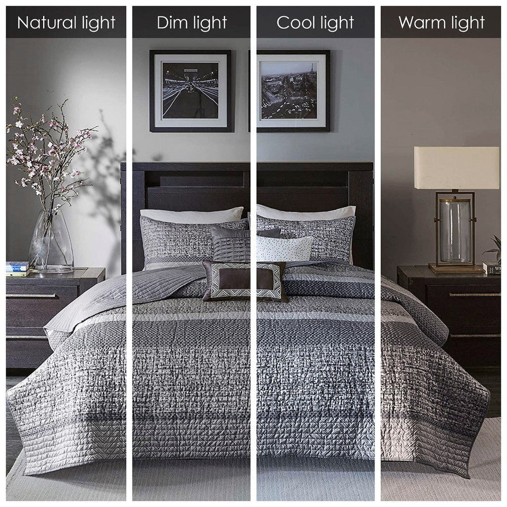 6 Piece Reversible Jacquard Quilt Set with Throw Pillows Grey/Taupe King/Cal King Media 19