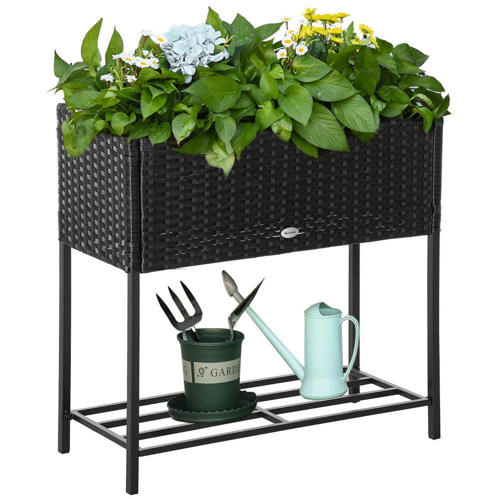 Outsunny Raised Garden Bed, Elevated Planter Box with Rattan Wicker Look, Tool Storage Shelf, Portable Design for Herbs, Vegetables, Flowers, Black Media 1