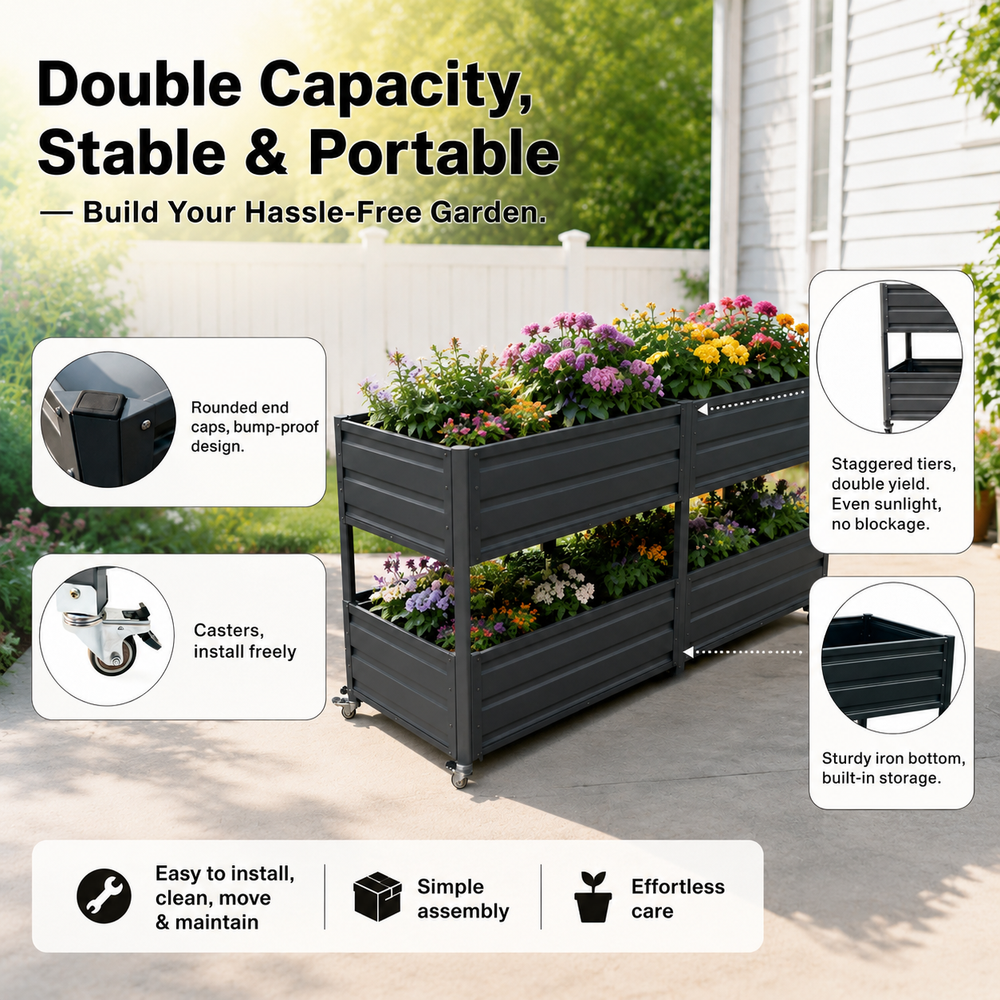 Dual Tier Elevated Metal Raised Garden Bed with Lockable Wheels, Staggered 2-Layer Raised Planter Box for Vegetables Herbs Flowers, Outdoor Patio Backyard Green Planting Bed,Grey Media 6