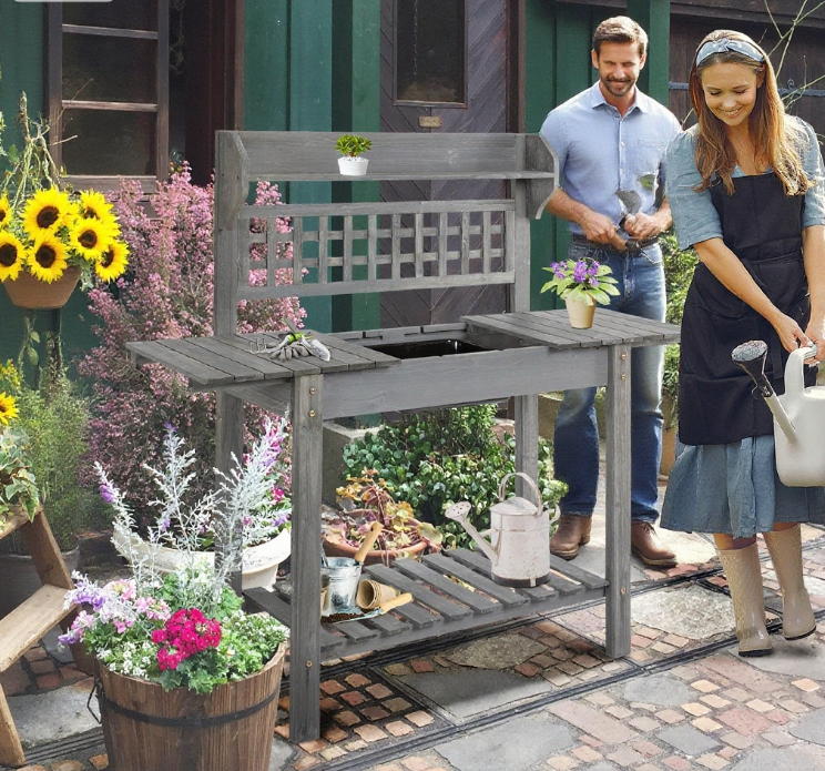 Outdoor Potting Bench Table, Wooden Workstation , Storage Shelf and Dry Sink, Media 3