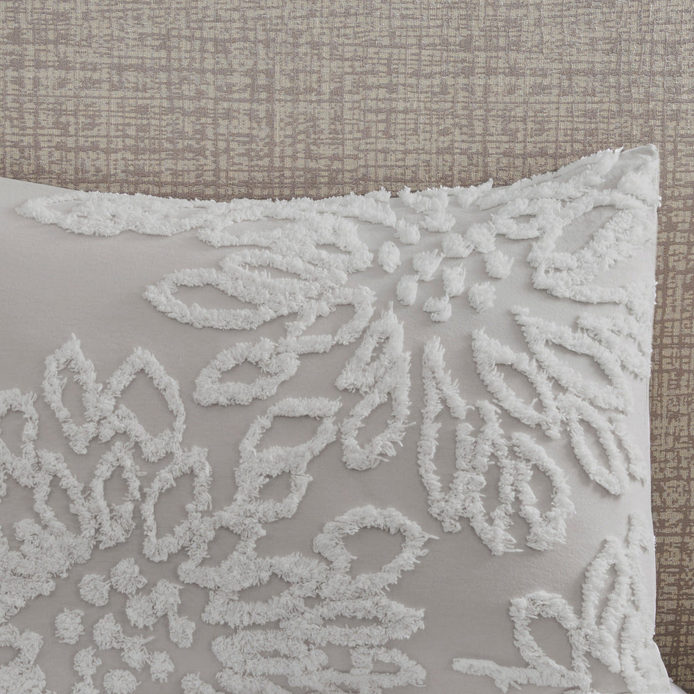 3 Piece Tufted Cotton Chenille Floral Comforter Set Warm Grey/White Full/Queen Media 5