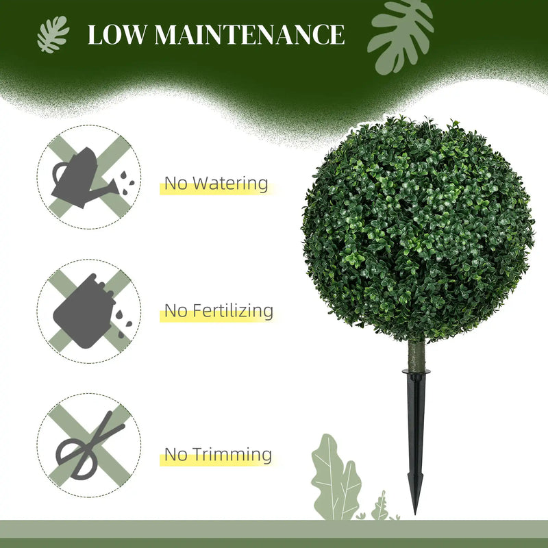 HOMCOM 1.3' (15.7') Artificial Boxwood Topiary Trees with Ground Stake, UV Resistant Set of 2 Ball Shaped Trees, Indoor Outdoor Fake Plants for Home Office & Living Room Décor
