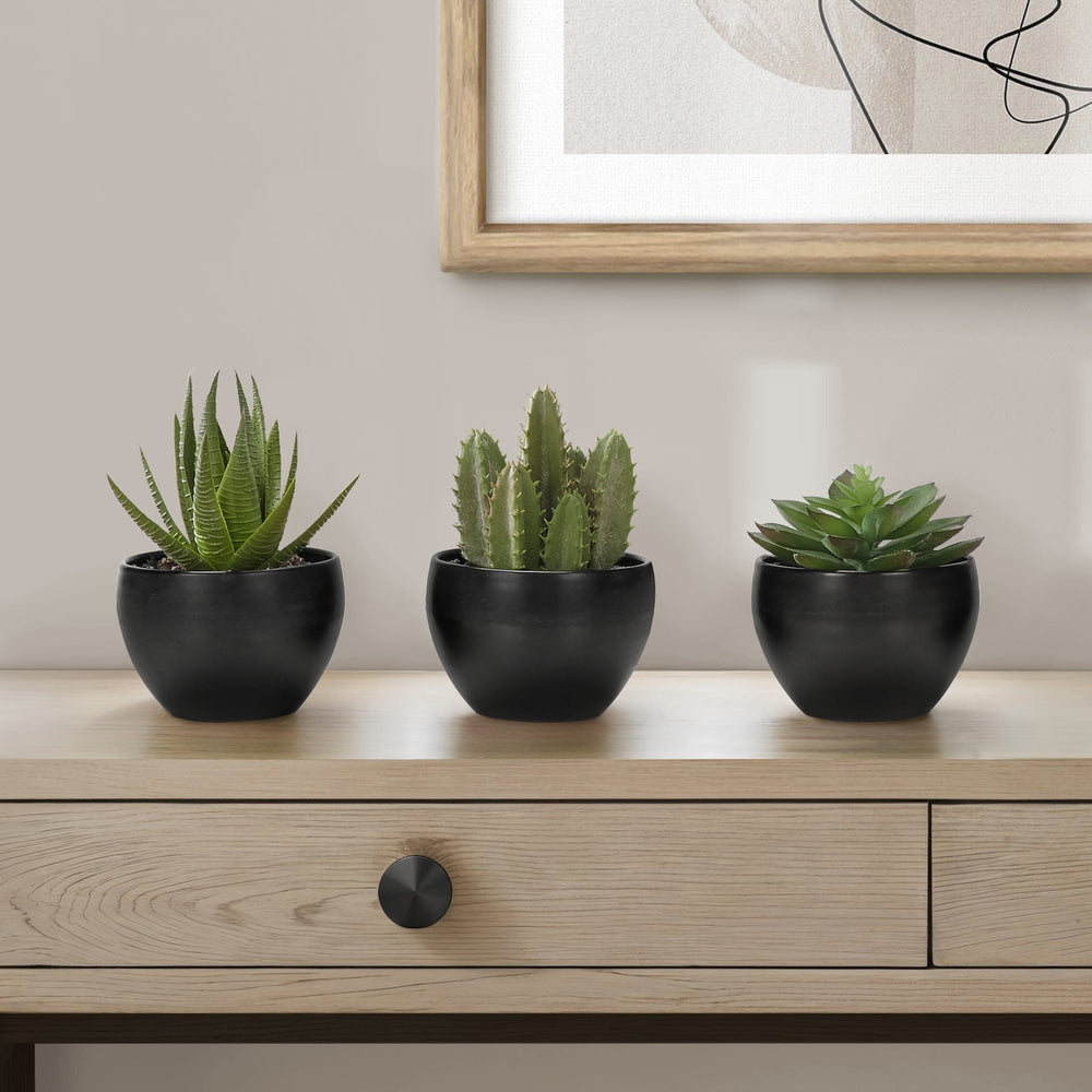 Artificial Succulent Plants Set of 3, 6' Tall, Green Faux Indoor Decor in Black Melamine Pots, Tabletop Greenery for Home Office Media 2