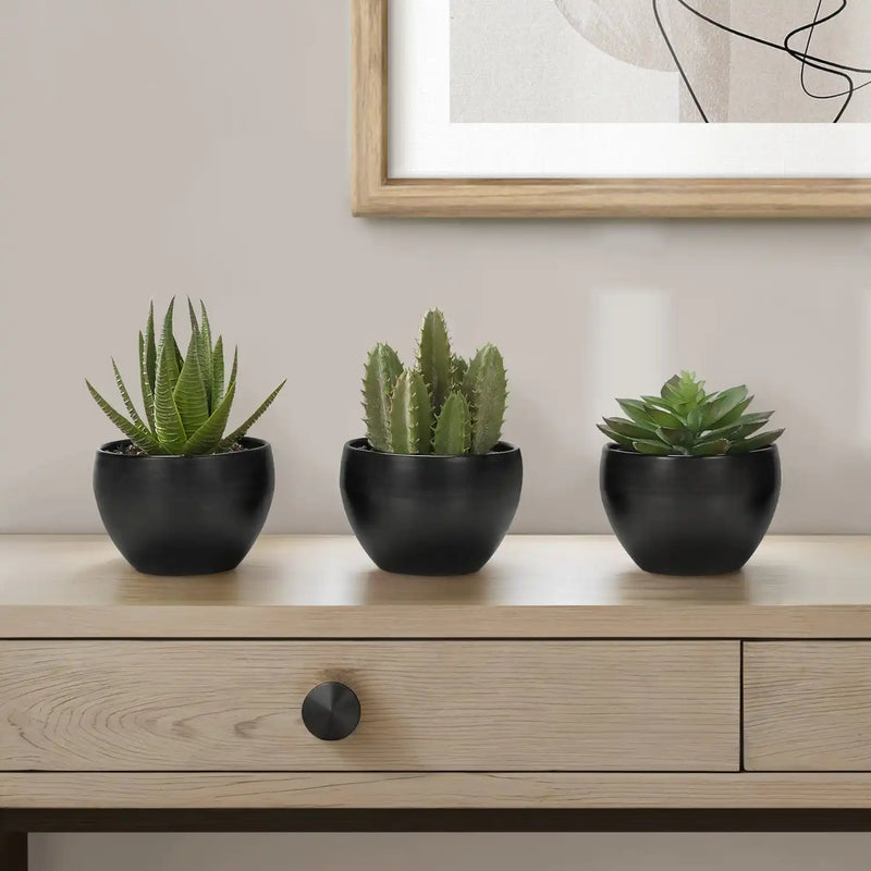 Artificial Succulent Plants Set of 3, 6' Tall, Green Faux Indoor Decor in Black Melamine Pots, Tabletop Greenery for Home Office