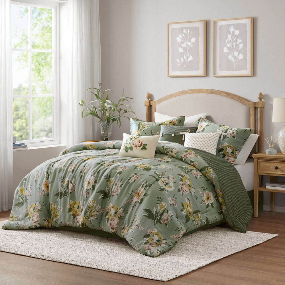 7-Piece King Vin  Floral Comforter Set, Green Media 24