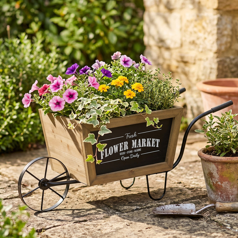 19.5x8x8.3' Brown Wooden Wheelbarrow Planter with Black Iron Frame Media 7