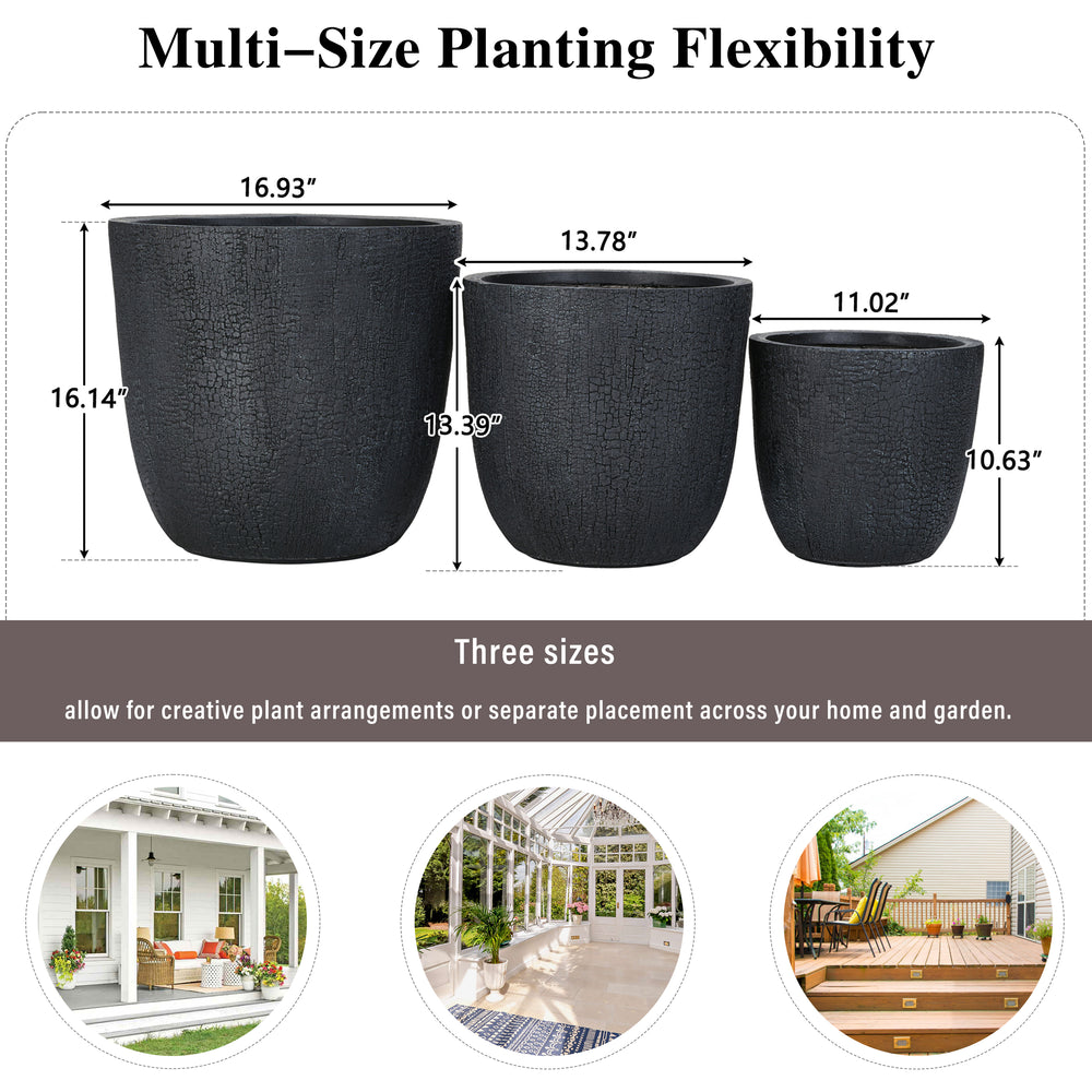 U_STYLE Lightweight MGO Planter Set of 3,16.93'+13.78'+11.02' Dia Round Concrete Stackable Flower Pots with Drainage Holes and Rubber Plug,Crackle Stone Texture for Patio Garden Balcony Indoor Outdoor Media 7