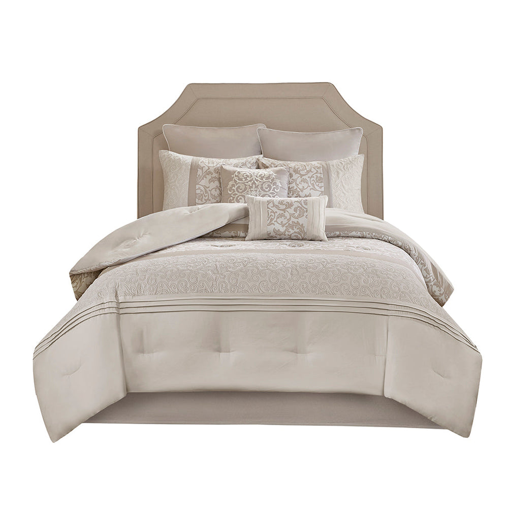 Embroidered 8 Piece Comforter Set Neutral Queen Media 14