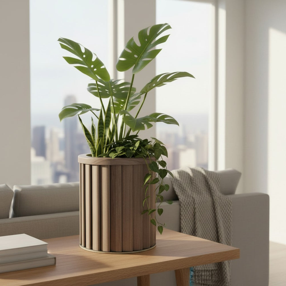 Round Strata Column Planter SM - Ash Brown Media 2