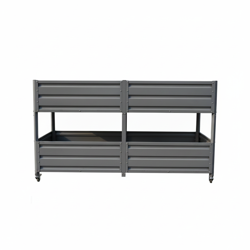 Dual Tier Elevated Metal Raised Garden Bed with Lockable Wheels, Staggered 2-Layer Raised Planter Box for Vegetables Herbs Flowers, Outdoor Patio Backyard Green Planting Bed,Grey Media 14