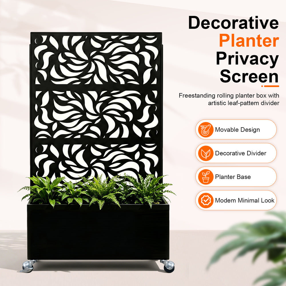 70.87' H × 46.06' W Leaf Pattern Privacy Screen with Planter Box, Black Metal Freestanding Decorative Fence Planter for Patio Balcony Backyard Media 4