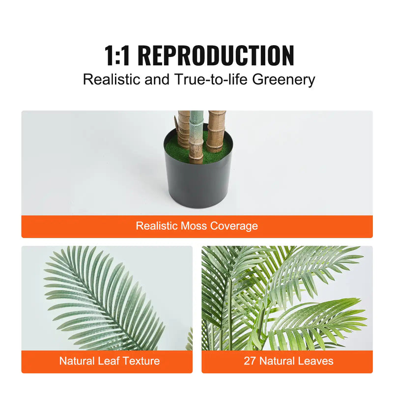 Artificial Gold Cane Palm Tree, 6.5 FT Tall Faux Plant, PE Material & Anti-Tip Tilt Protection Low-Maintenance Plant, Lifelike Green Fake Tree for Home Office Warehouse Decor Indoor Outdoor