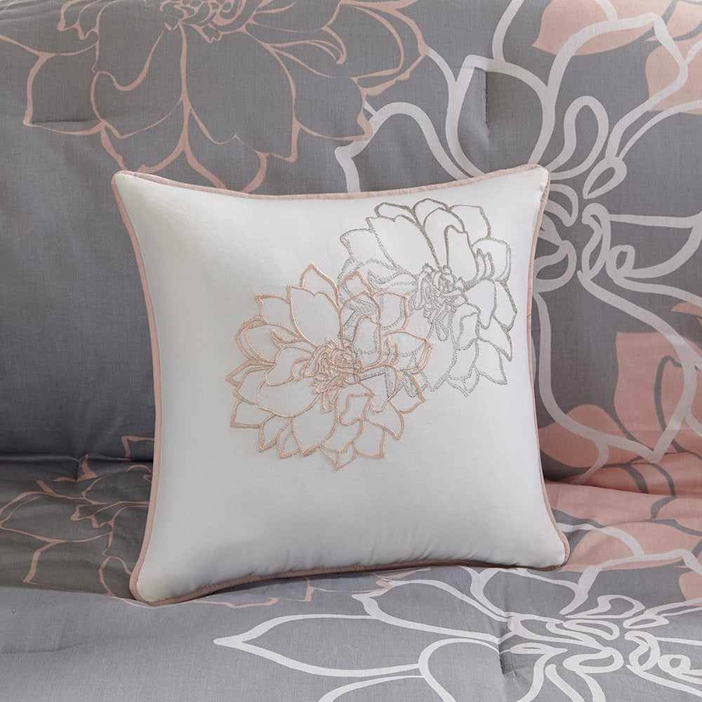 Printed Cotton Sateen Comforter Set Grey/Peach Queen Media 7