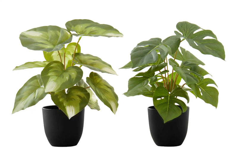 Artificial Plant, 13' Tall, Monstera Calthea, Indoor, Faux, Fake, Table, Greenery, Potted, Set Of 2, Decorative, Green Leaves, Black Pots