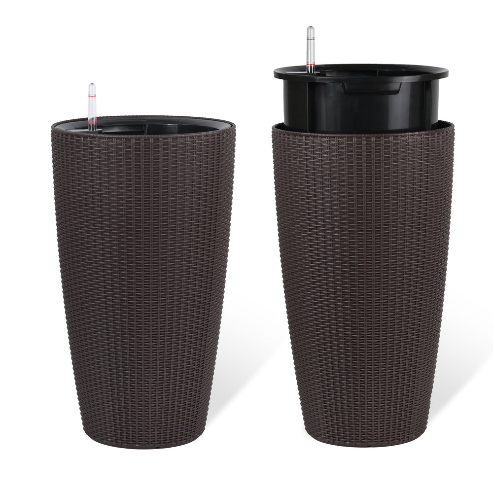 Faux Rattan Tall Planters Set of 2 with Water Level Monitor and Automatic Watering, Brown, 22 Inch Media 8