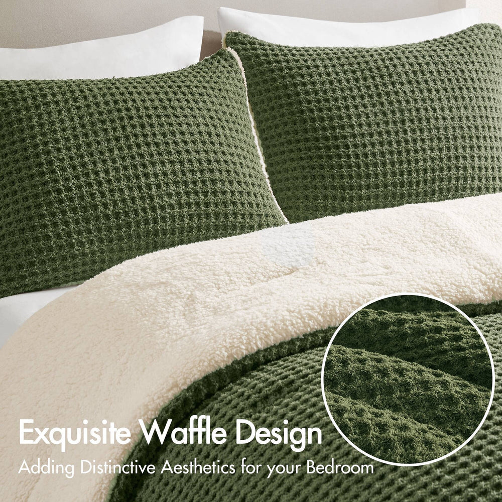 3 Pieces Full/Queen Waffle Knit Chenille Comforter Set,Olive Media 5