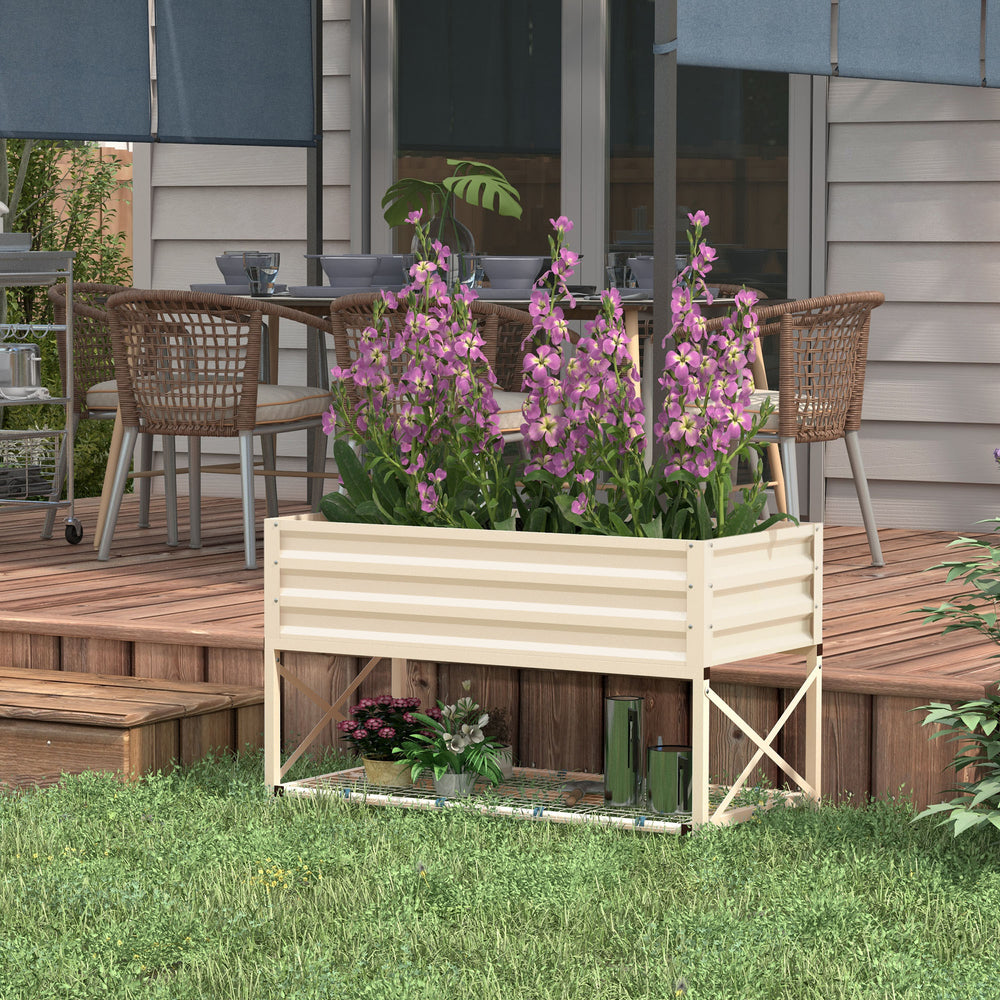Outsunny Raised Garden Bed with Galvanized Steel Frame, Storage Shelf and Bed Liner, Elevated Planter Box with Legs for Vegetables, Flowers, Herbs, Cream Media 8