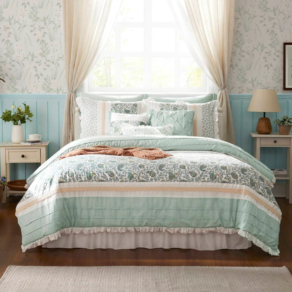 9 Piece Cotton Percale Comforter Set Aqua Queen Media 15