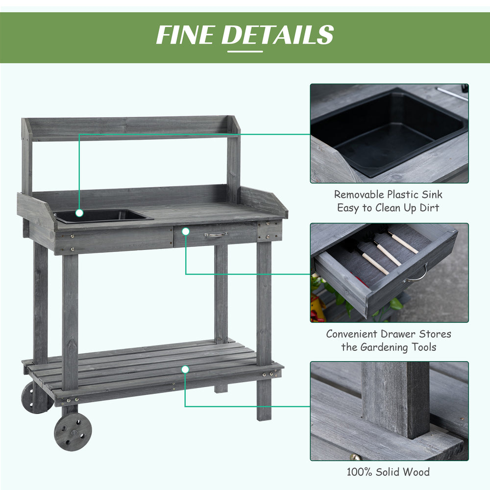 Outsunny 36'' Wooden Potting Bench Work Table with 2 Removable Wheels, Sink, Drawer & Large Storage Spaces, Gray Media 5