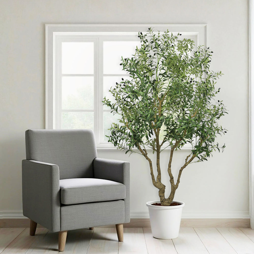 8FT Tall Artificial Olive Tree - Large Faux Potted Tree with Natural Trunk and Lifelike Olive Leaves and Fruit, Elegant Indoor/Outdoor Decorative Plant for Living Room, Office or Entryway, 1 pc/set Media 8