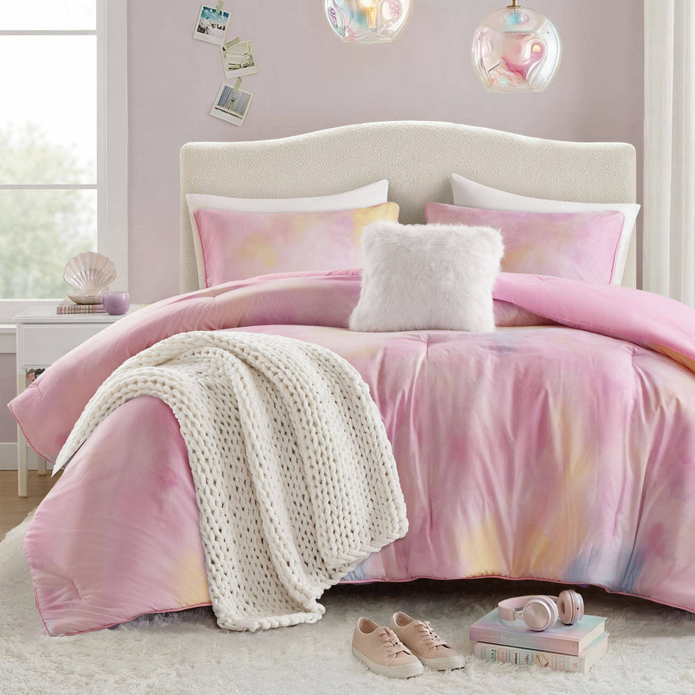 4 Pieces King/Cal King Watercolor Tie Dye Printed Comforter Set with Throw Pillow,Pink Media 4