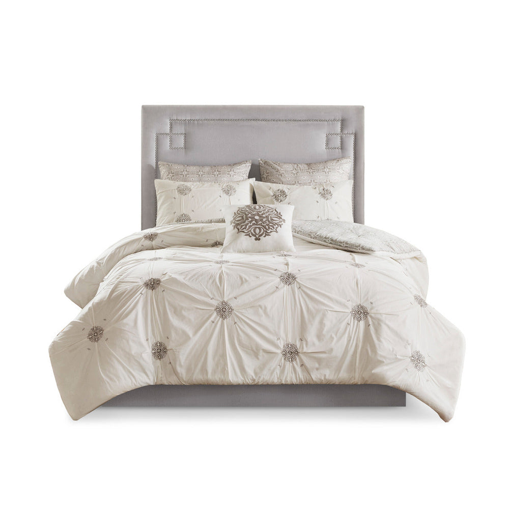 6 Piece Embroidered Cotton Reversible Comforter Set Ivory Full/Queen Media 13