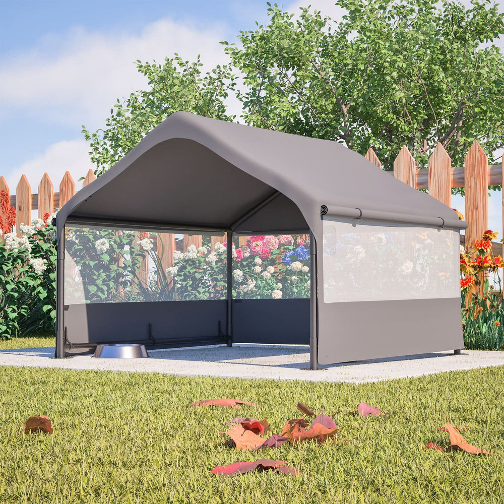Extra Large Outdoor Dog House Tent with 3-Sided Mesh Windows, Breathable Sun Rain Cover Pet Shelter with Canopy and Ground Stakes for Dogs, Cats, Livestock – 4' x 4' x 3.3', Gray Media 16