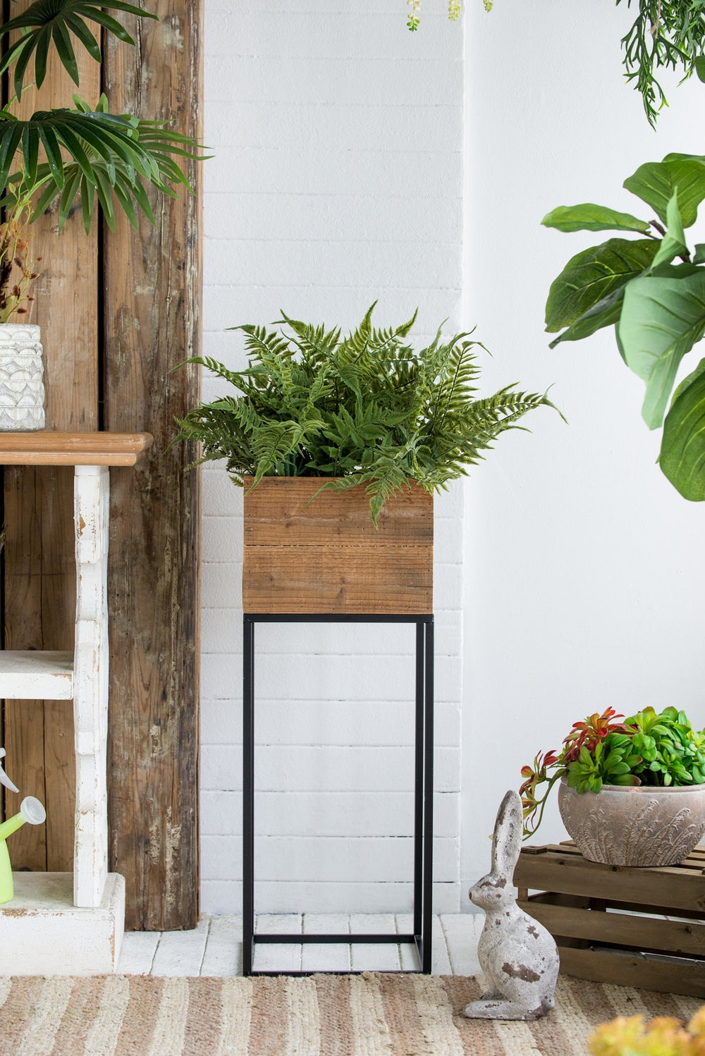 Set of 2 Reclaimed Wooden Box With Black Iron Stand, L:11x11x29.5' S:8.5x8.5x21.5' Media 16
