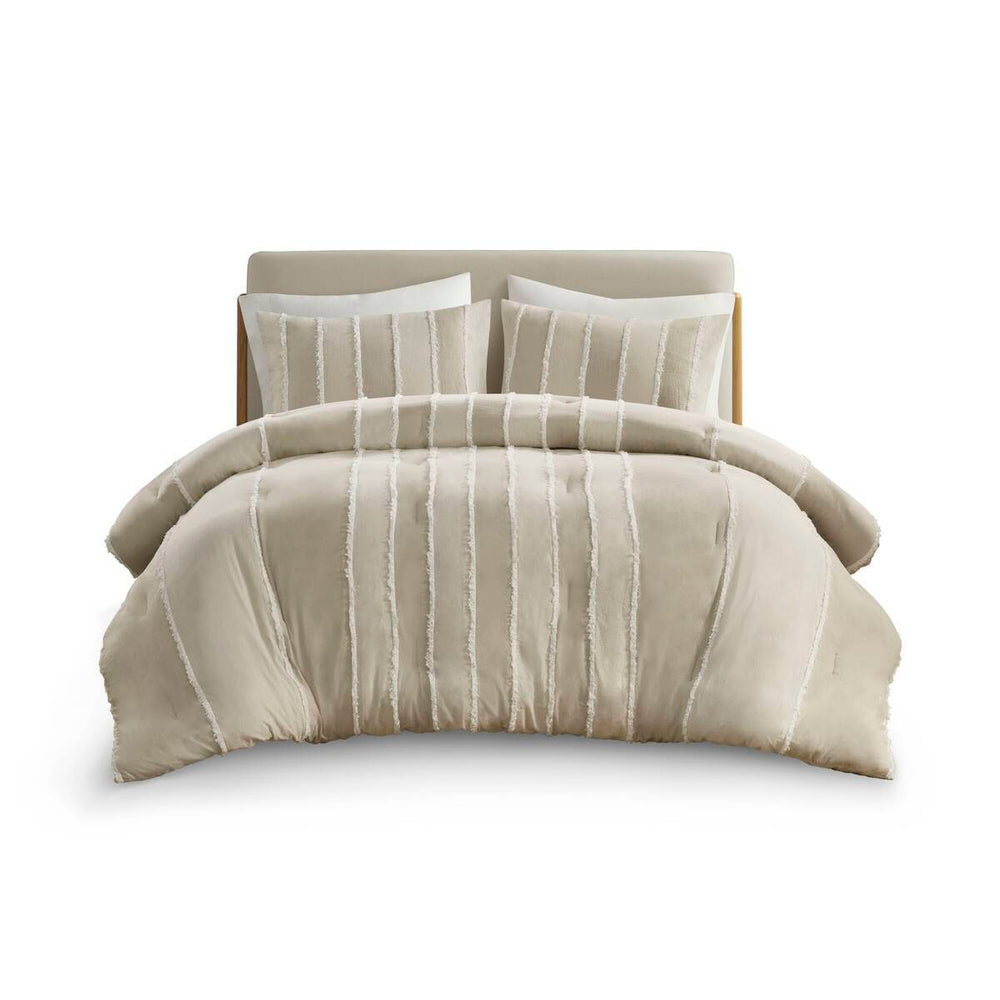 3 Piece Striped Cotton Comforter Set Taupe Full/Queen Media 19