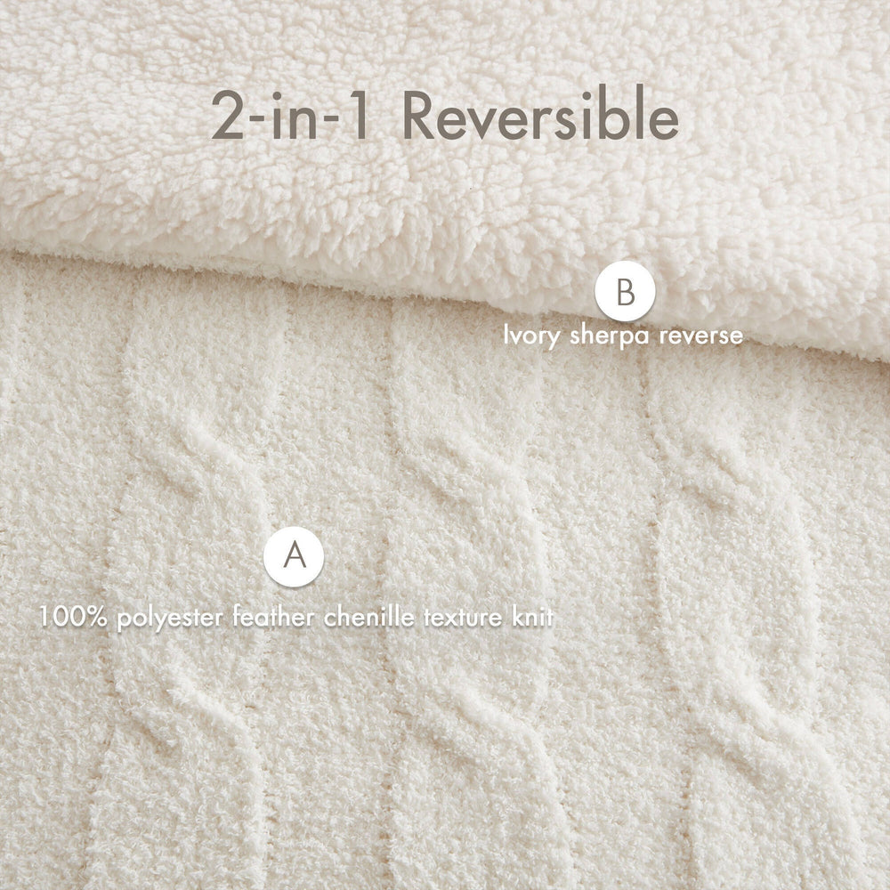 2 Pieces Twin Cable Knit Chenille Comforter Set,Ivory Media 6