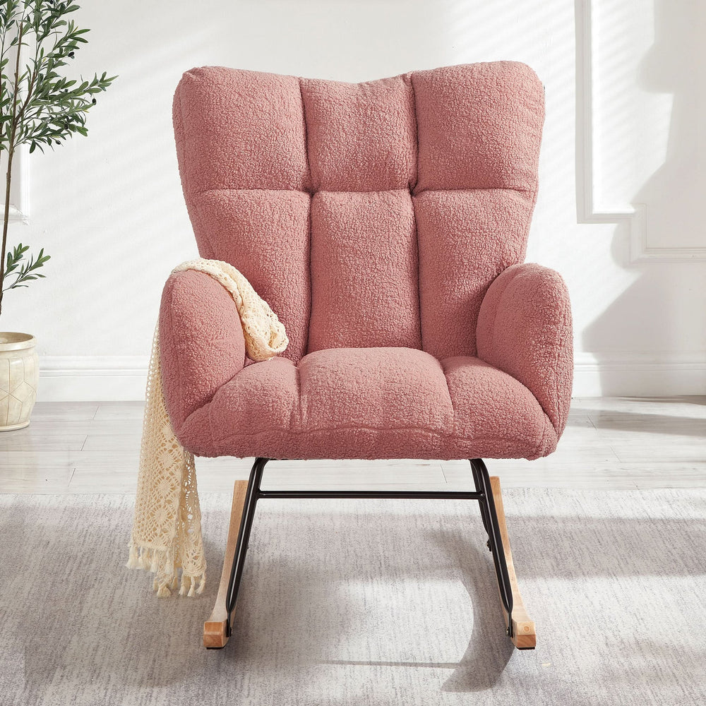 Glider Chair Teddy Fabric Pink With Sturdy Metal Frame For Living Room Comfort & Rocking Style Media 2