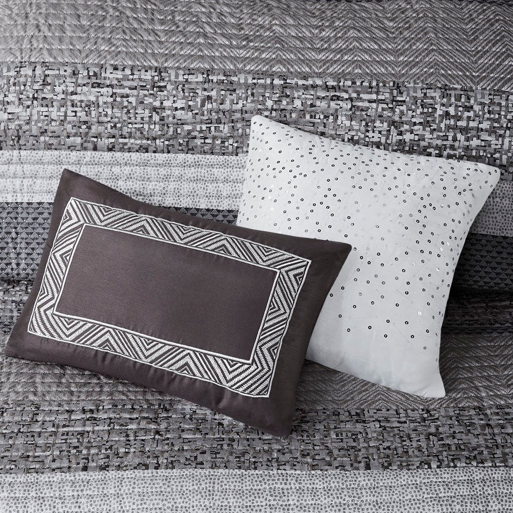 6 Piece Reversible Jacquard Quilt Set with Throw Pillows Grey/Taupe Full/Queen Media 3